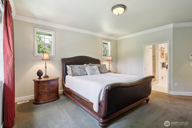 26712 151st St E, Buckley, WA 98321 - carpeted bedroom with crown molding, ensuite bath, visible vents, and baseboards