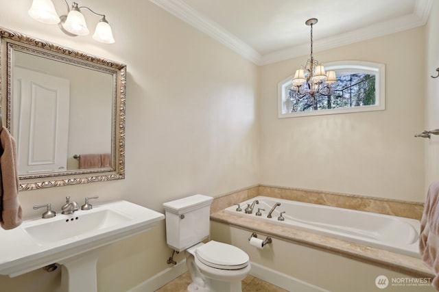 26712 151st St E, Buckley, WA 98321 - bathroom with toilet, an inviting chandelier, a sink, a garden tub, and crown molding
