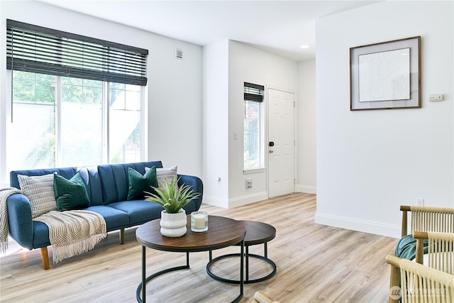living room with baseboards, a healthy amount of sunlight, and light wood-type flooring