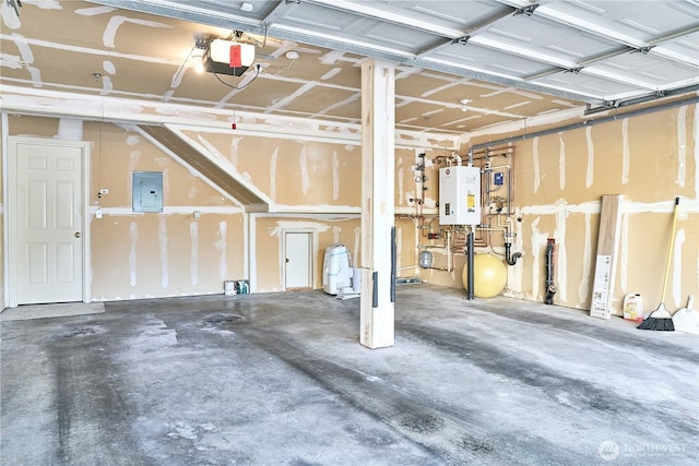 garage featuring a garage door opener, water heater, and electric panel