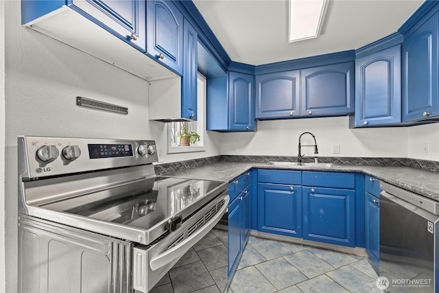 5808 241st St SW, Mountlake Terrace, WA 98036 - kitchen with a sink, appliances with stainless steel finishes, dark countertops, and blue cabinetry
