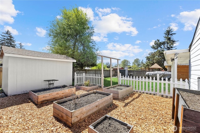 5808 241st St SW, Mountlake Terrace, WA 98036 - view of yard featuring a storage shed, fence, an outdoor structure, and a vegetable garden