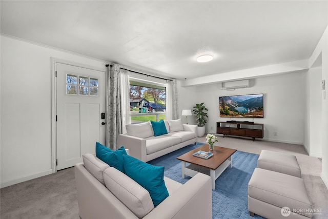 5808 241st St SW, Mountlake Terrace, WA 98036 - living room with baseboards, light carpet, and an AC wall unit