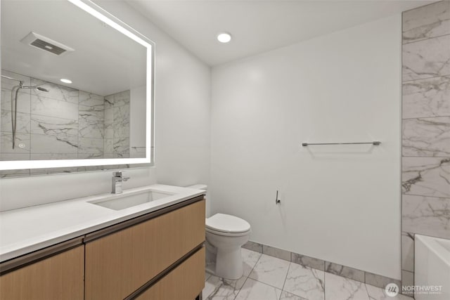 full bath featuring marble look tiles, a shower, vanity, toilet, and recessed lighting