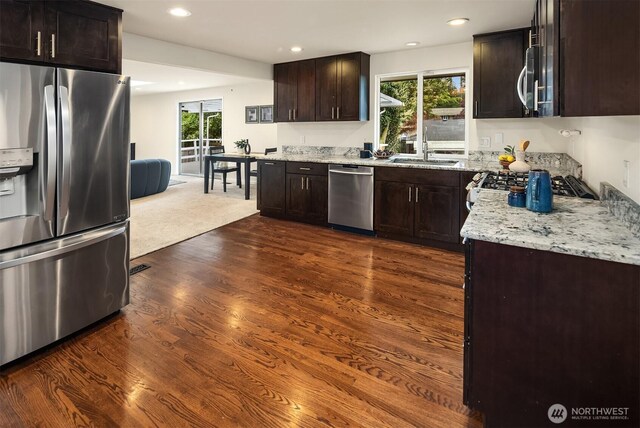 kitchen featuring a sink, plenty of natural light, dark brown cabinetry, and stainless steel appliances
