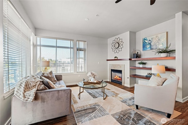 living area featuring baseboards, a glass covered fireplace, wood finished floors, and a wealth of natural light