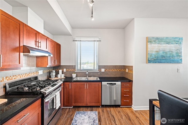 kitchen featuring dark countertops, dark wood-style floors, under cabinet range hood, a sink, and appliances with stainless steel finishes