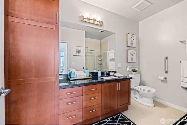 full bathroom with vanity, toilet, baseboards, visible vents, and a stall shower