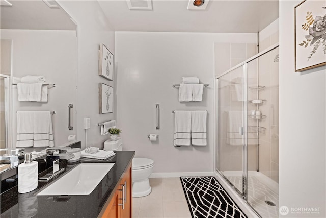 bathroom with visible vents, a shower stall, tile patterned flooring, and vanity