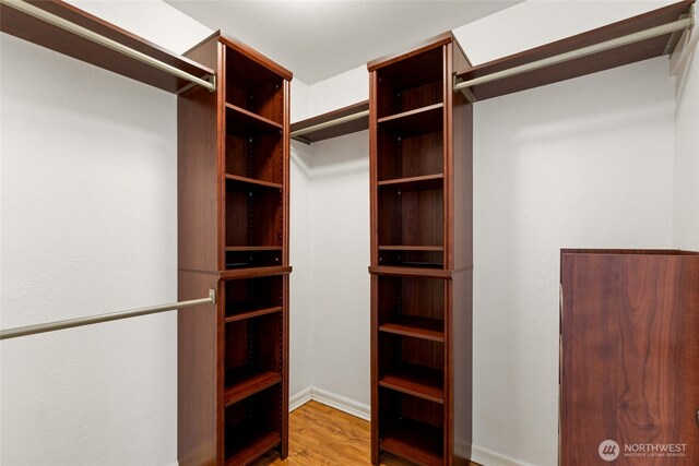 walk in closet with light wood-style flooring