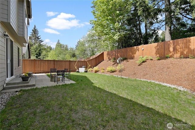view of yard featuring a fenced backyard and a patio area