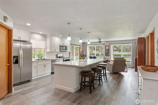 kitchen with light wood-style floors, plenty of natural light, and appliances with stainless steel finishes