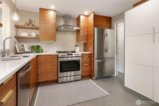 15506 Juanita Dr NE, Kenmore, WA 98028 - kitchen featuring wall chimney range hood, modern cabinets, brown cabinets, a sink, and stainless steel appliances