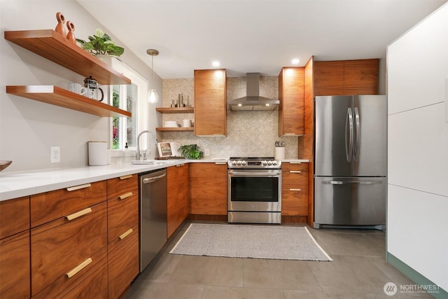 15506 Juanita Dr NE, Kenmore, WA 98028 - kitchen featuring brown cabinetry, open shelves, wall chimney range hood, a sink, and appliances with stainless steel finishes