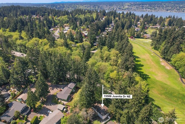 15506 Juanita Dr NE, Kenmore, WA 98028 - bird's eye view with a water view, a wooded view, and golf course view