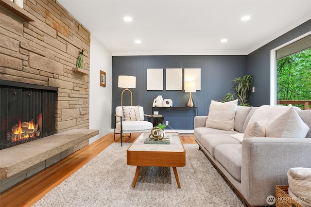 15506 Juanita Dr NE, Kenmore, WA 98028 - living area with recessed lighting, wood finished floors, and a fireplace