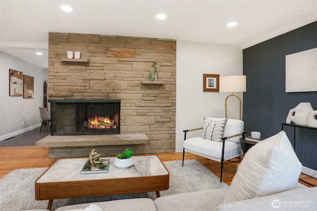 15506 Juanita Dr NE, Kenmore, WA 98028 - living area with baseboards, recessed lighting, a stone fireplace, and wood finished floors