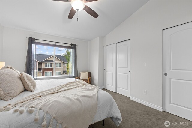 bedroom with carpet floors, baseboards, ceiling fan, and lofted ceiling