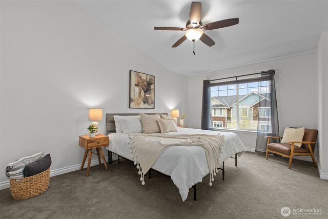 bedroom featuring baseboards, ceiling fan, carpet, and vaulted ceiling