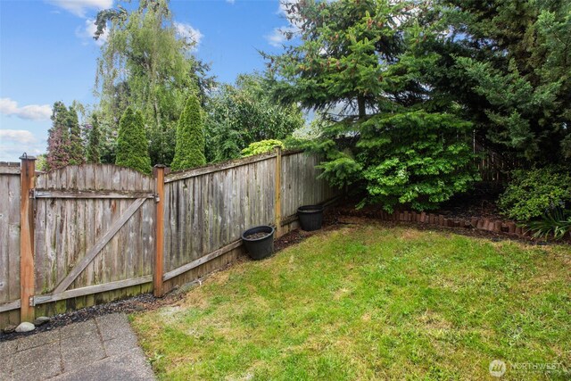 view of yard with a fenced backyard and a gate