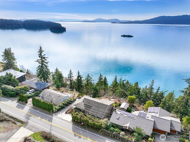 bird's eye view featuring a water and mountain view