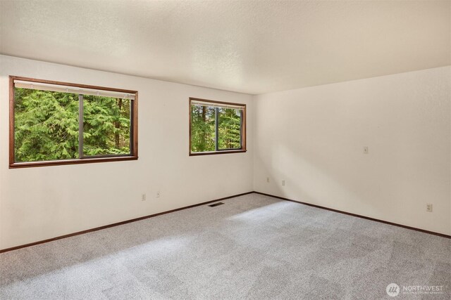 carpeted empty room with visible vents, a textured ceiling, and baseboards