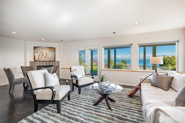 8012 Chinook Way, Blaine, WA 98230 - living room with baseboards, a fireplace, recessed lighting, and visible vents