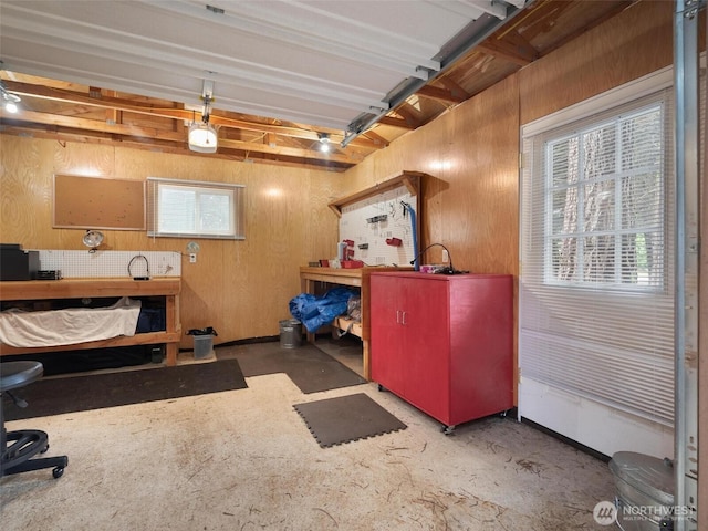 garage featuring wooden walls and a workshop area