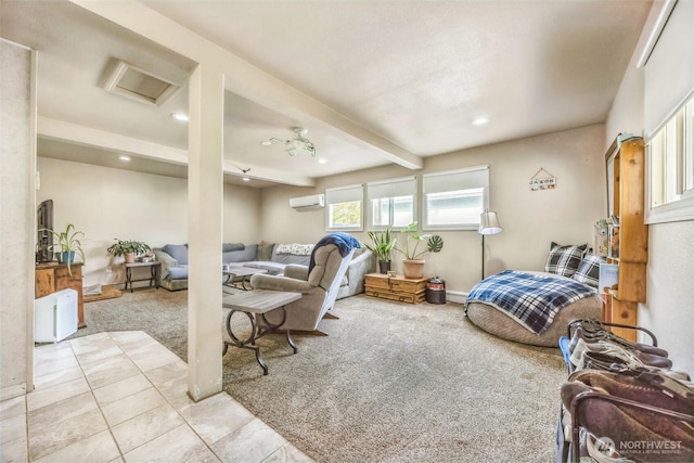 carpeted bedroom with tile patterned flooring, beamed ceiling, an AC wall unit, and recessed lighting