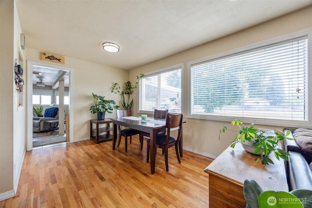 dining area featuring baseboards and light wood-type flooring