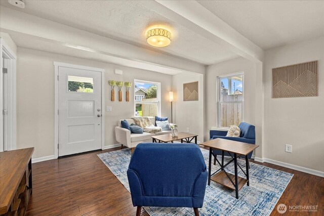 living room featuring baseboards and dark wood finished floors