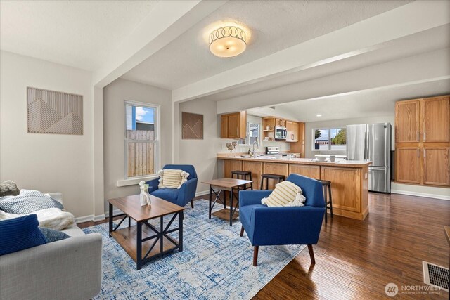 living area featuring baseboards, dark wood-type flooring, and visible vents
