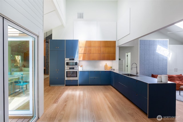 kitchen with a sink, blue cabinetry, a peninsula, a towering ceiling, and visible vents