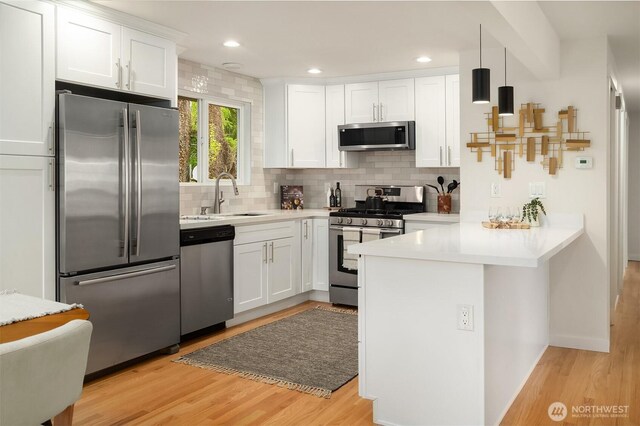 kitchen with a peninsula, a sink, light wood finished floors, backsplash, and stainless steel appliances