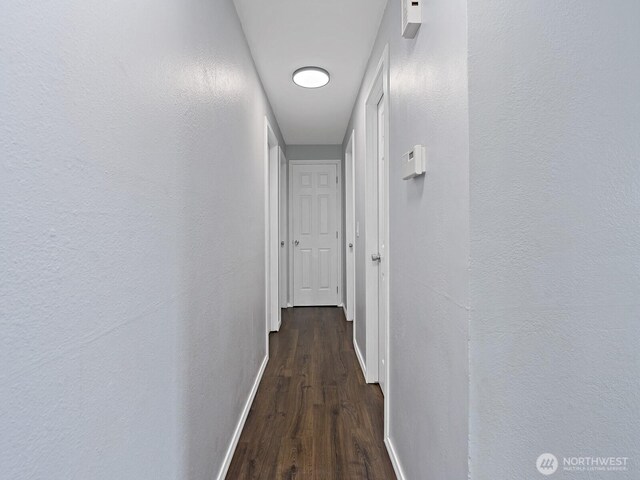hallway with baseboards and dark wood-style flooring
