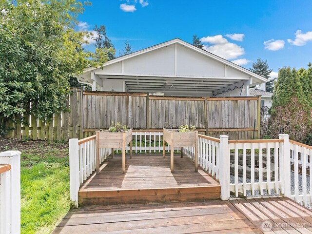 wooden deck with a fenced backyard