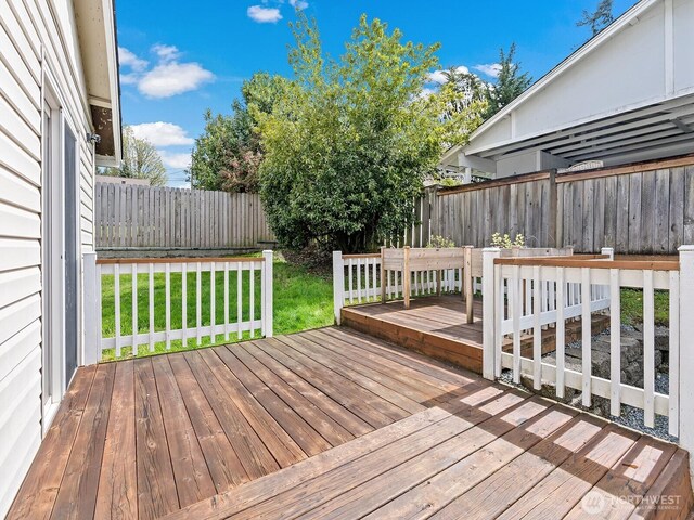 deck featuring a fenced backyard and a yard