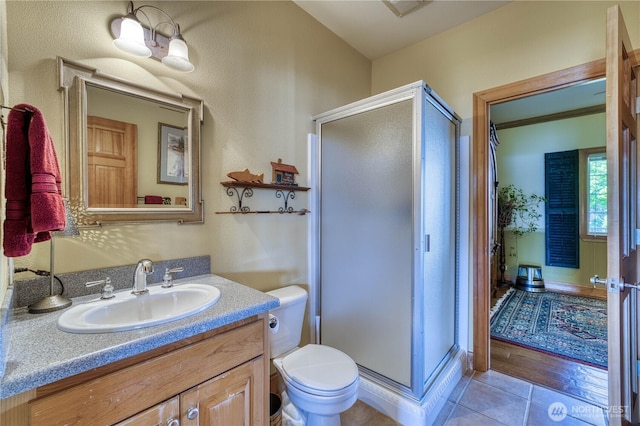 135 NE Boad Haven Rd, Belfair, WA 98528 - full bath featuring a stall shower, vanity, toilet, and tile patterned floors