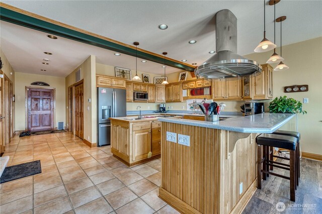 135 NE Boad Haven Rd, Belfair, WA 98528 - kitchen featuring stainless steel appliances, island exhaust hood, baseboards, a peninsula, and light countertops