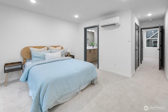 822B NW 52nd St, Seattle, WA 98107 - bedroom with an AC wall unit, baseboards, light colored carpet, and recessed lighting