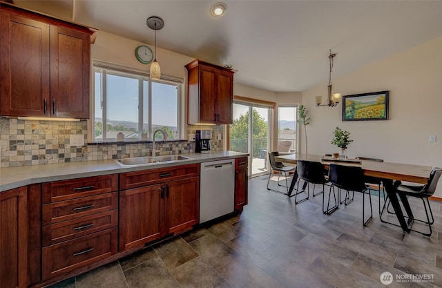 kitchen with backsplash, hanging light fixtures, a sink, and dishwasher