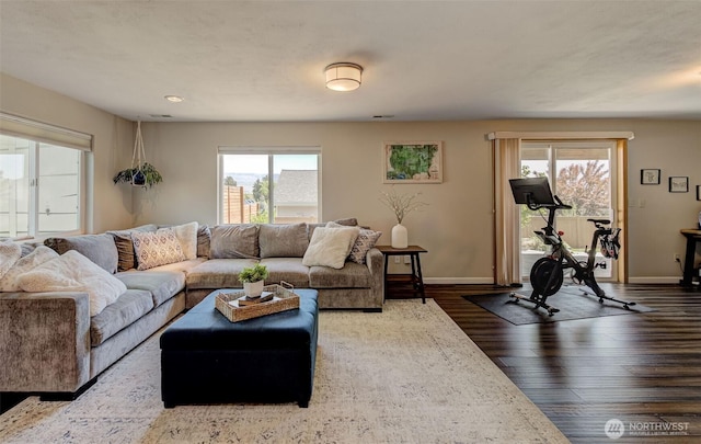 living room featuring baseboards, a wealth of natural light, and wood finished floors