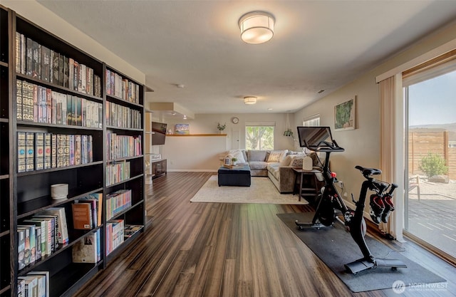 exercise area with baseboards and wood finished floors