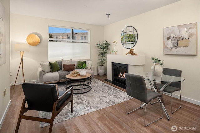 living area featuring baseboards, wood finished floors, and a healthy amount of sunlight
