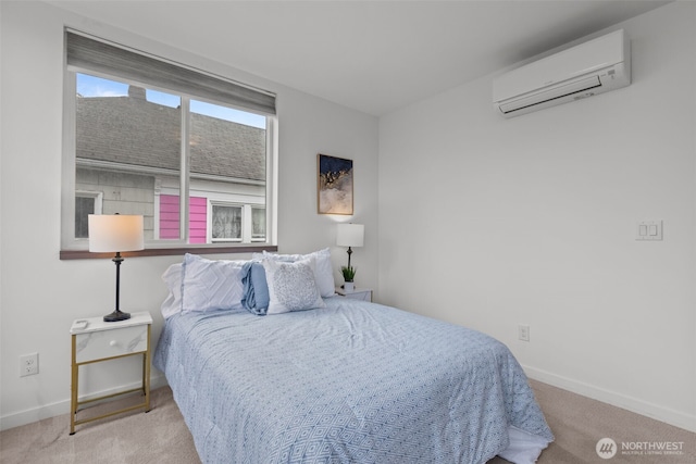 carpeted bedroom featuring an AC wall unit and baseboards