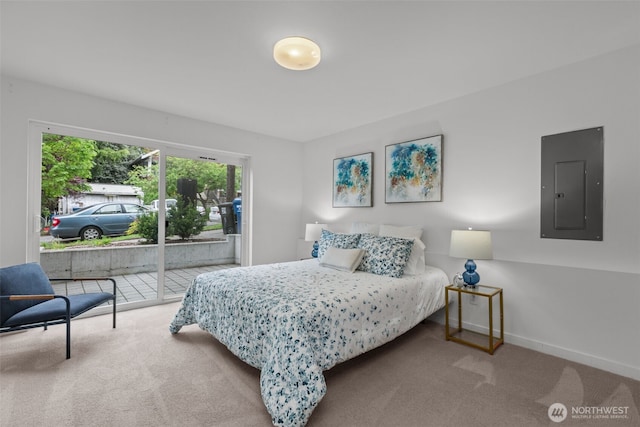 bedroom featuring baseboards, access to exterior, carpet, and electric panel