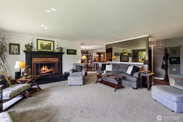 living area featuring carpet, a textured ceiling, and a fireplace
