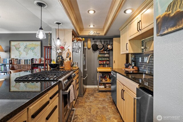 kitchen with a tray ceiling, crown molding, a sink, baseboards, and stainless steel appliances