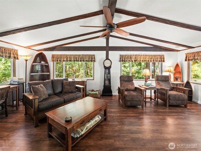 living room with vaulted ceiling with beams, ceiling fan, and wood finished floors