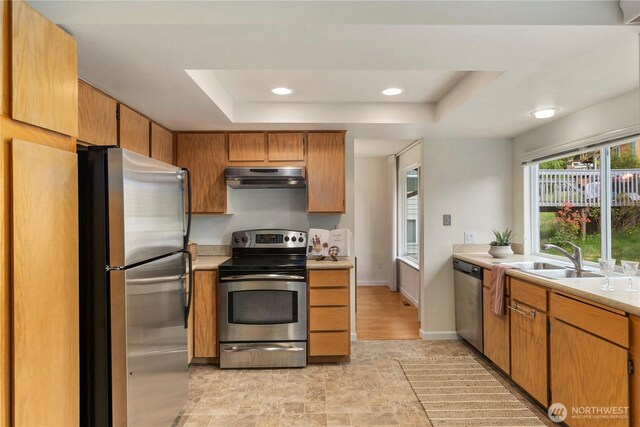 kitchen with appliances with stainless steel finishes, a sink, a raised ceiling, light countertops, and under cabinet range hood